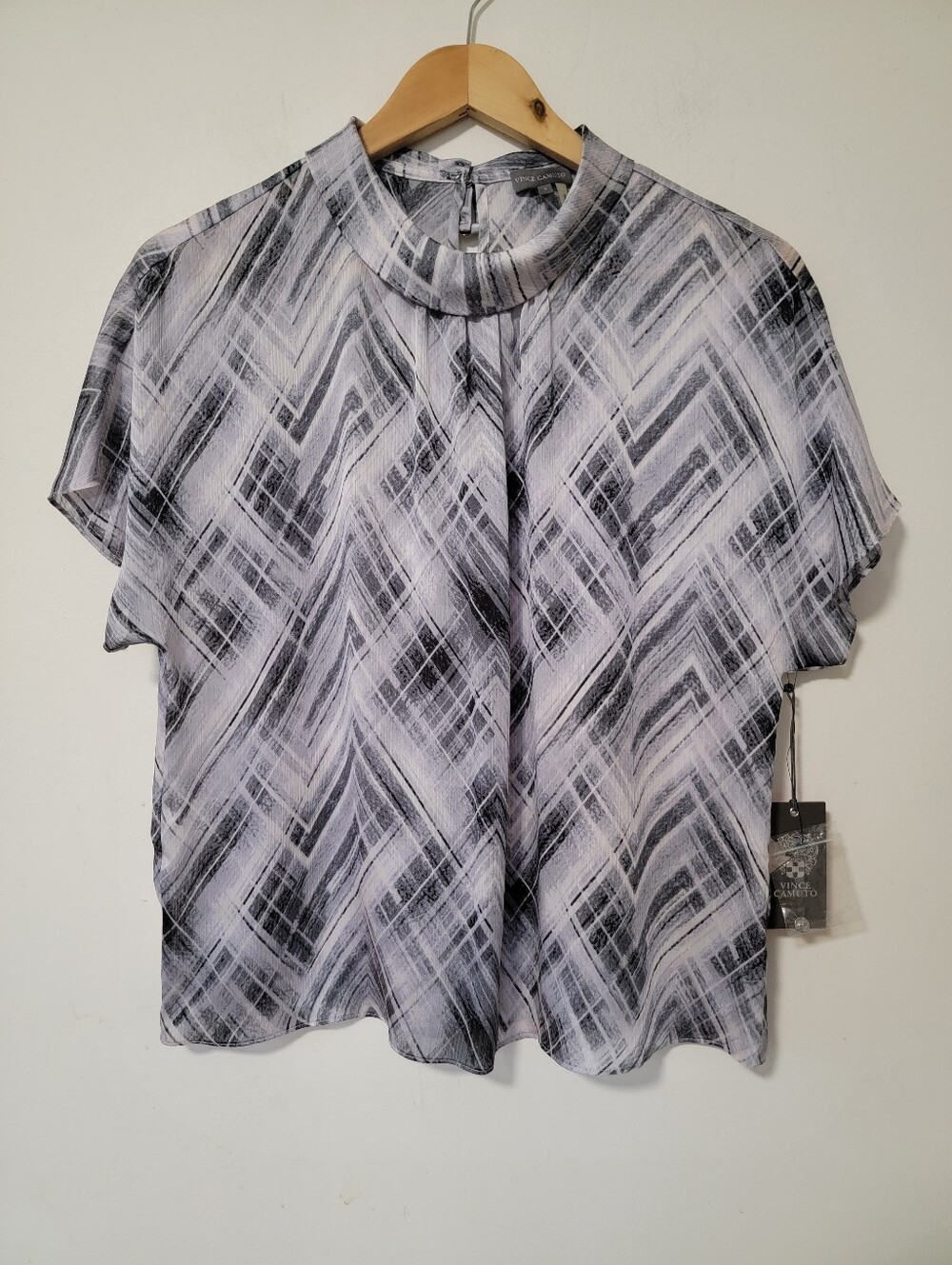 Vince Camuto Short-Sleeve Mock Neck Top in Black and White Geometric Print